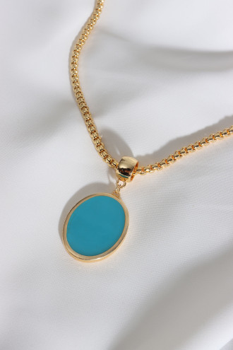 Gold Renk Uzun Zincirli Mavi Mineli Plaka Kolye