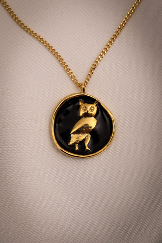 Siyah Mineli Baykuş Figürlü Gold Renk Kolye