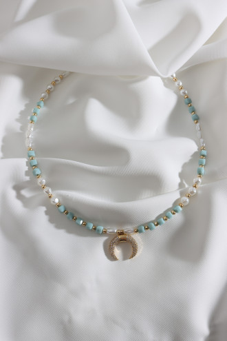 Zircon Taşlı İnci Detay Yeşil Ay Kolye