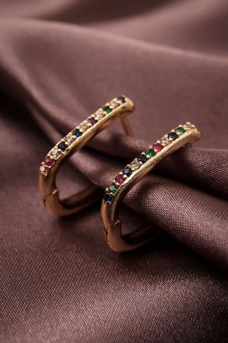 Renkli Taşlı Oval Gold Renk Halka Küpe