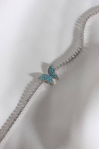 Turkuaz Taşlı Kelebek Figürlü Zircon Taş Gümüş Renk Suyolu Bileklik