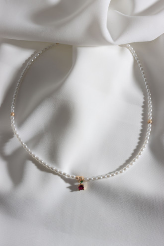 Kırmızı Zircon Taşlı Elma Uçlu İnci Kolye