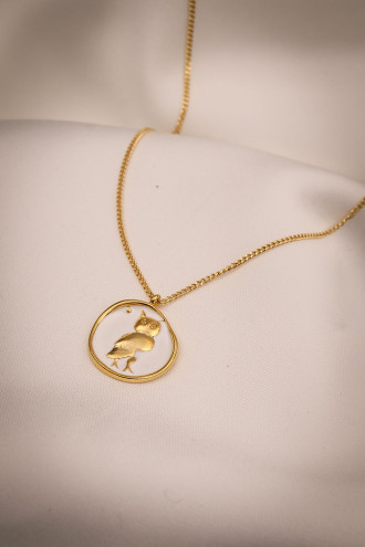 Beyaz Mineli Baykuş Figürlü Gold Renk Kolye