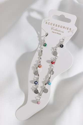 Pul Detaylı Nazar Boncuklu Gümüş Renk Halhal