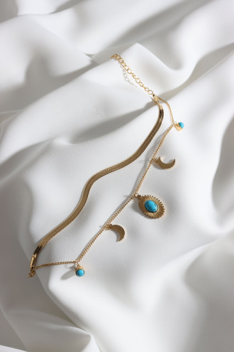 2'Li Yılan Zincirli Mercan Taş 316L Gold Renk Çelik Bileklik