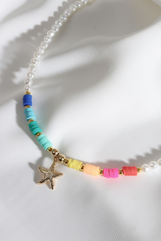 Gold Renk Yıldız Uçlu Inci Detay Renkli Fimo Kolye