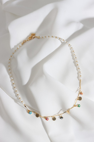 Pul Sallantılı Inci Detay Nazarlıklı Gold Renk Kolye Pul Sallantılı Inci Detay Nazarlıklı Gold Renk Kolye