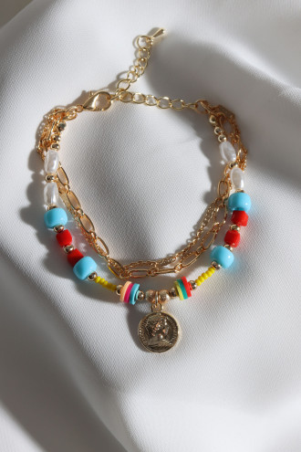 3'Lü Renkli Boncuk Detaylı Madalyon Uçlu Bileklik