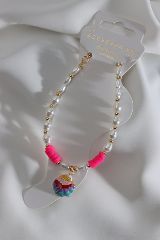 Pembe Fimo Boncuk Detaylı İncili Deniz Kabuğu Uçlu Halhal