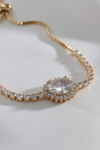 Oval Beyaz Zircon Taşlı Gold Renk Anturaj Su Yolu Asansörlü Bileklik