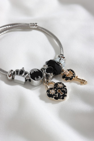 Çelik Model Siyah Kilit Figür Gümüş Renk Bileklik