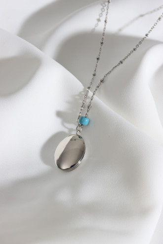 Yeşil Mineli Kapaklı Çift Taraflı Kullanıma Uygun Oval Gümüş Renk Kolye