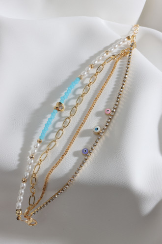 4'Lü Mavi Boncuk Detaylı Gold Renk Çoklu Bileklik