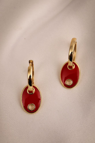 Düğme Model Kırmızı Mineli Gold Renk Halka Küpe