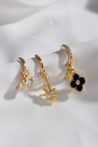 3'Lü Siyah Çiçekli Gold Renk Küpe 3'Lü Siyah Çiçekli Gold Renk Küpe