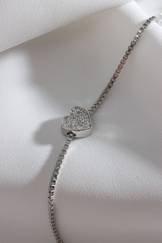 Beyaz Zircon Taşlı Gümüş Renk Kalp Bileklik