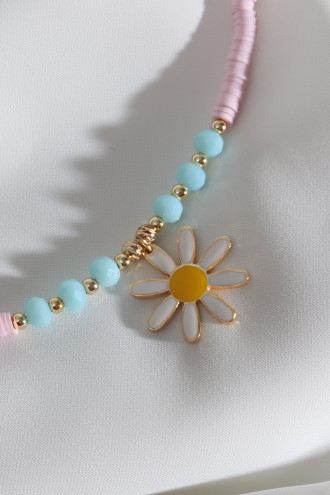 Toz Pembe Fimo Boncuklu Beyaz Mineli Papatya Bileklik