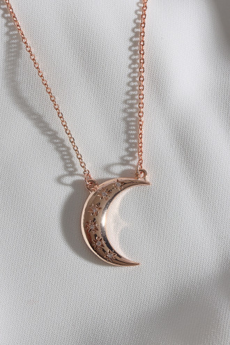 Zircon Taşlı Rose Renk Ay Kolye
