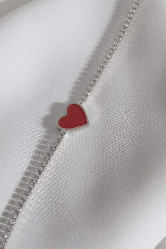 Kırmızı Mineli Kalp Figür Su Yolu Gümüş Renk Bileklik