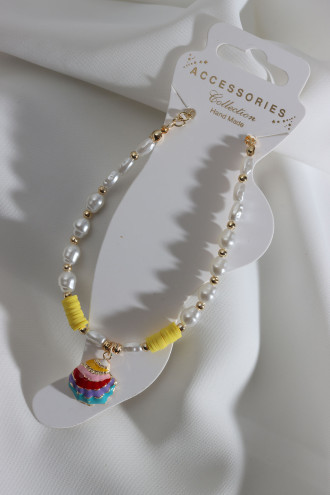 Sarı Fimo Boncuk Detaylı İncili Deniz Kabuğu Uçlu Halhal