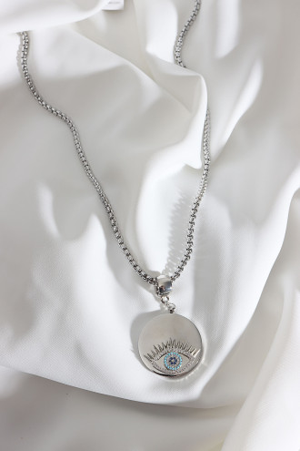 Uzun Zincirli Gümüş Renk Plaka Üzeri Taşlı Göz Kolye