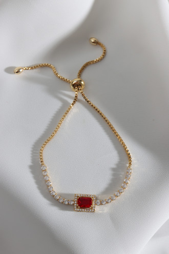 Kırmızı Baget Taşlı Gold Renk Asansörlü Zircon Su Yolu Bileklik