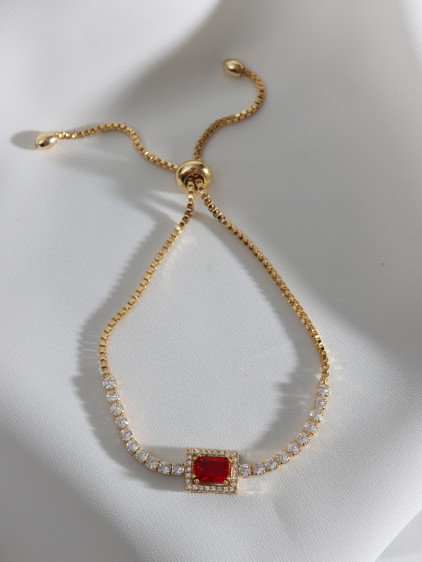 Kırmızı Baget Taşlı Gold Renk Asansörlü Zircon Su Yolu Bileklik