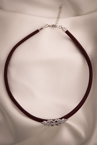 Bordo Yumuşak Deri Gümüş Renk Zircon Taşlı Choker