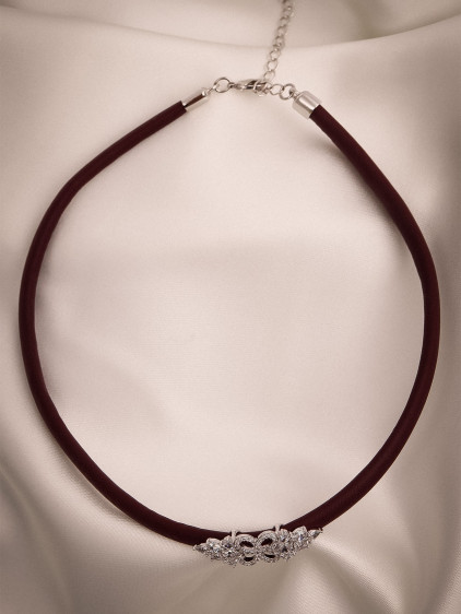 Bordo Yumuşak Deri Gümüş Renk Zircon Taşlı Choker