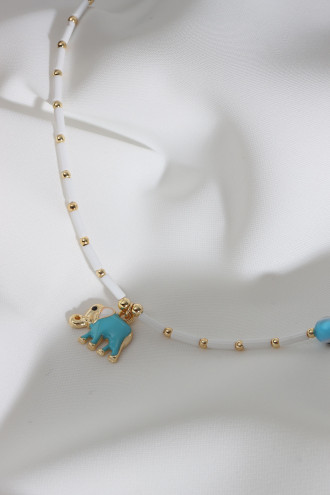 Mavi Mineli Fil Uçlu Beyaz Boncuk Kolye