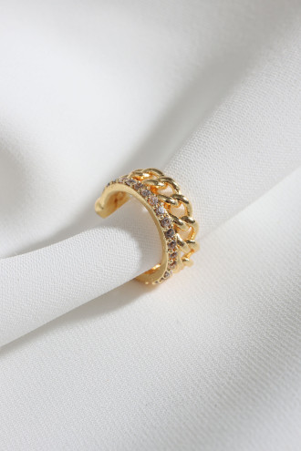 Iki Sıralı Taşlı Tek Sıkıştırmalı Gold Renk Kıkırdak Küpe