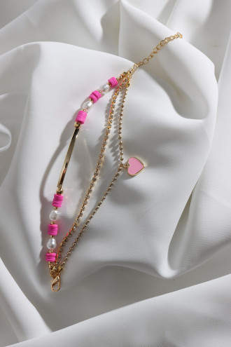 3'Lü Fuşya Pembe Fimo Boncuklu Şerit Kalp Bileklik