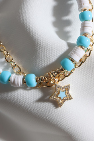 Beyaz Fimo Detaylı Mavi Mineli Yıldız Uçlu Bileklik