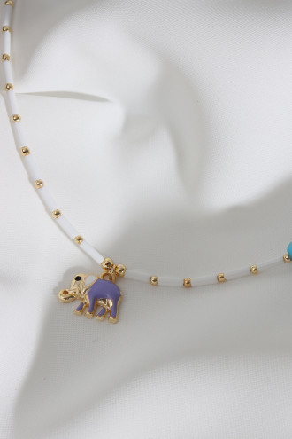 Mor Mineli Fil Uçlu Beyaz Boncuk Kolye