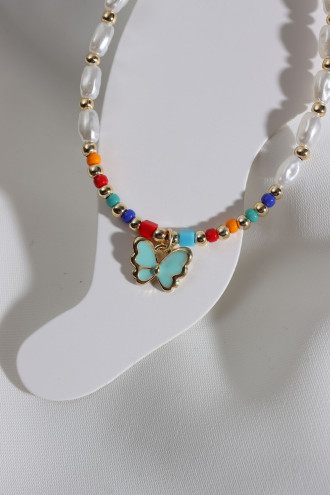 Renkli Boncuk Detaylı Mavi Mineli Kelebek Uçlu İnci Halhal