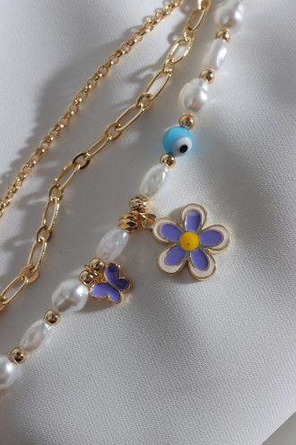 3'Lü Mor Papatyalı İnci Detay Zincir Bileklik