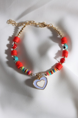 Kırmızı Fimo Boncuklu Lila Mineli Kalp Bileklik