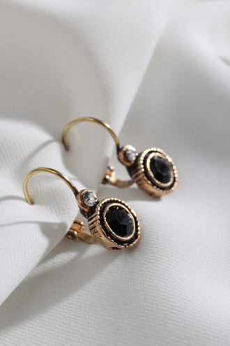 Kadın Siyah Yuvarlak Taşlı Otantik Küpe