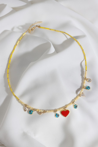 Kalp Uçlu Sarı Boncuk Kolye Kalp Uçlu Sarı Boncuk Kolye