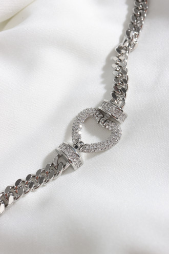 Kalp Figür Çok Taşlı Gümüş Renk Çelik Zincir Bileklik