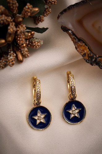 Lacivert Mineli Yıldız Figür Gold Renk Halka Küpe