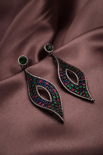 Renkli Zircon Taşlı 925 Ayar Gümüş Antrasit Abiye Küpe 14,83Gr