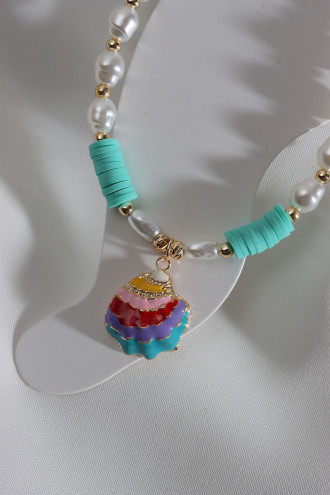 Yeşil Fimo Boncuk Detaylı İncili Deniz Kabuğu Uçlu Halhal