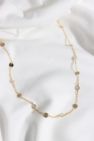 Kalp Taşlı Pul Detay Gold Renk Zincir Kolye