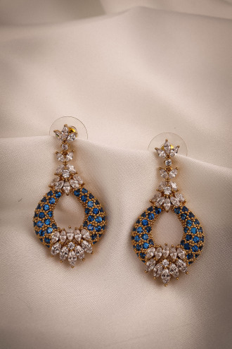 Gold Renk Mavi Zircon Taşlı Sallantılı Abiye Küpe