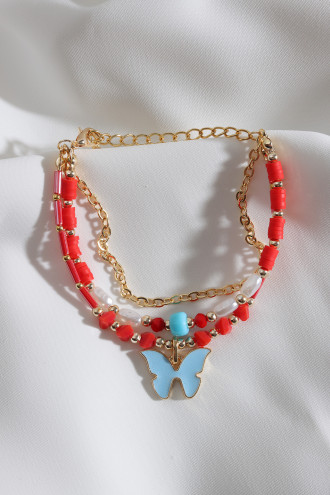 3'Lü Kelebek Uçlu Fimo Boncuk Detaylı Kırmızı Bileklik