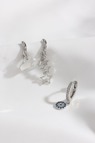 3'Lü Nazar Boncuğu Gümüş Renk Küpe 3'Lü Nazar Boncuğu Gümüş Renk Küpe