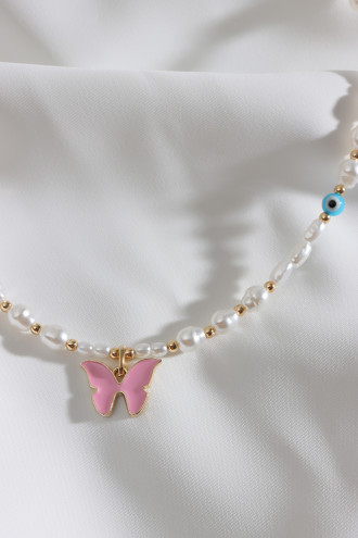 Pembe Kelebek Uçlu İnci Kolye