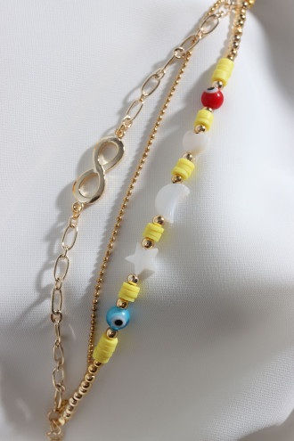 3'Lü Sarı Fimo Boncuklu Sonsuzluk Aparatlı Gold Renk Bileklik