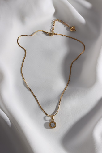 Zircon Taş Sallantılı Yassı Italyan Zincirli Çelik Gold Renk Kolye